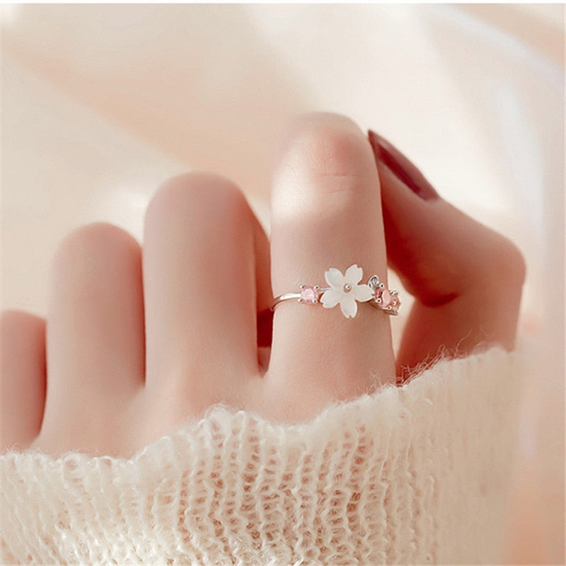 Fashion Silver Color Cherry Blossoms Ring Korean Fashion Opening Inlaid CZ Adjustable Rings Valentine&#39;s Day Gift jz416
