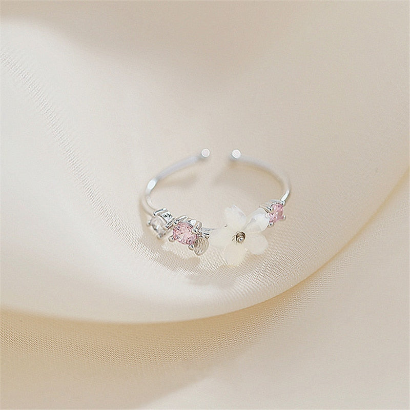 Fashion Silver Color Cherry Blossoms Ring Korean Fashion Opening Inlaid CZ Adjustable Rings Valentine&#39;s Day Gift jz416